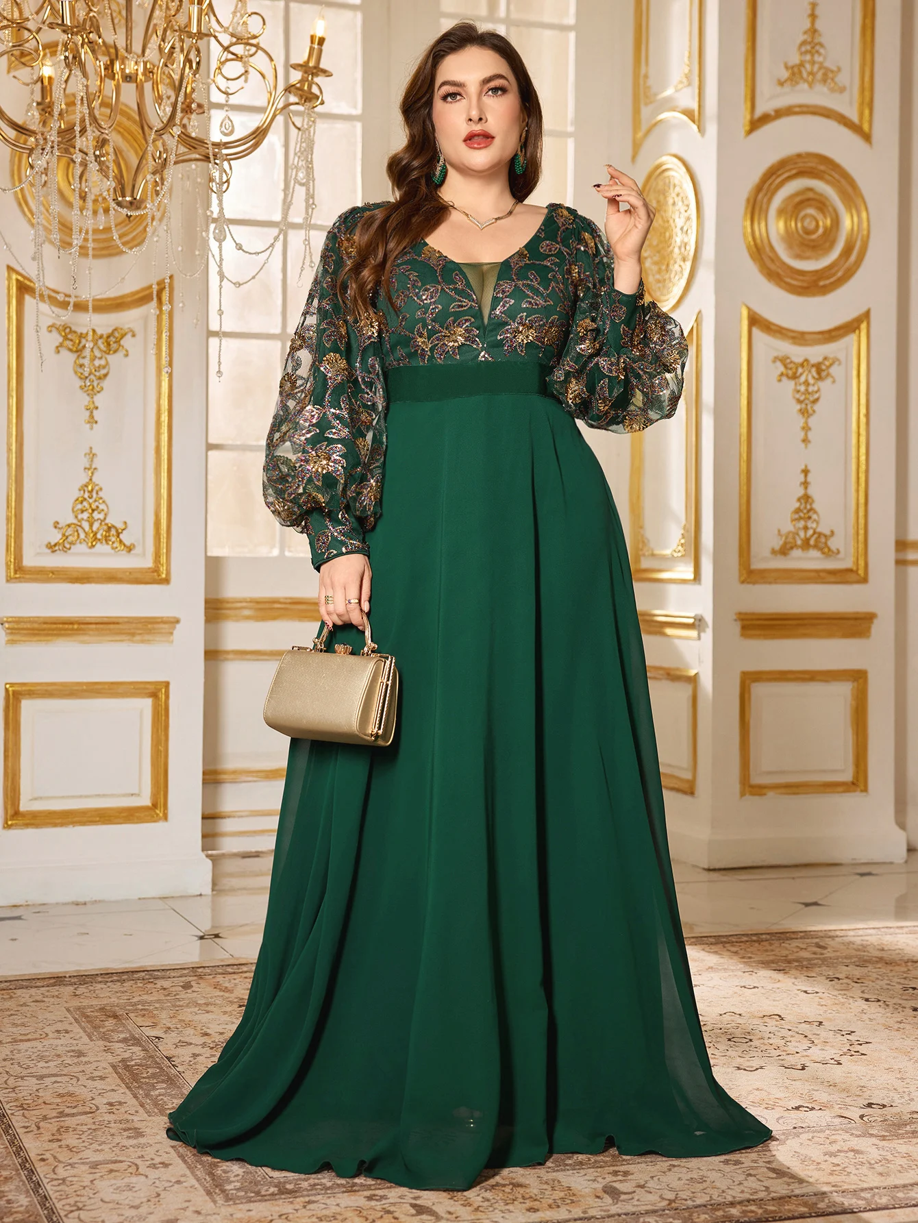 

UNITHORSE V-Neck Lantern Sleeve Chiffon Sequin Embroidery Waist-Cinching A-Line Solid Color Evening Dress One-Piece Gown