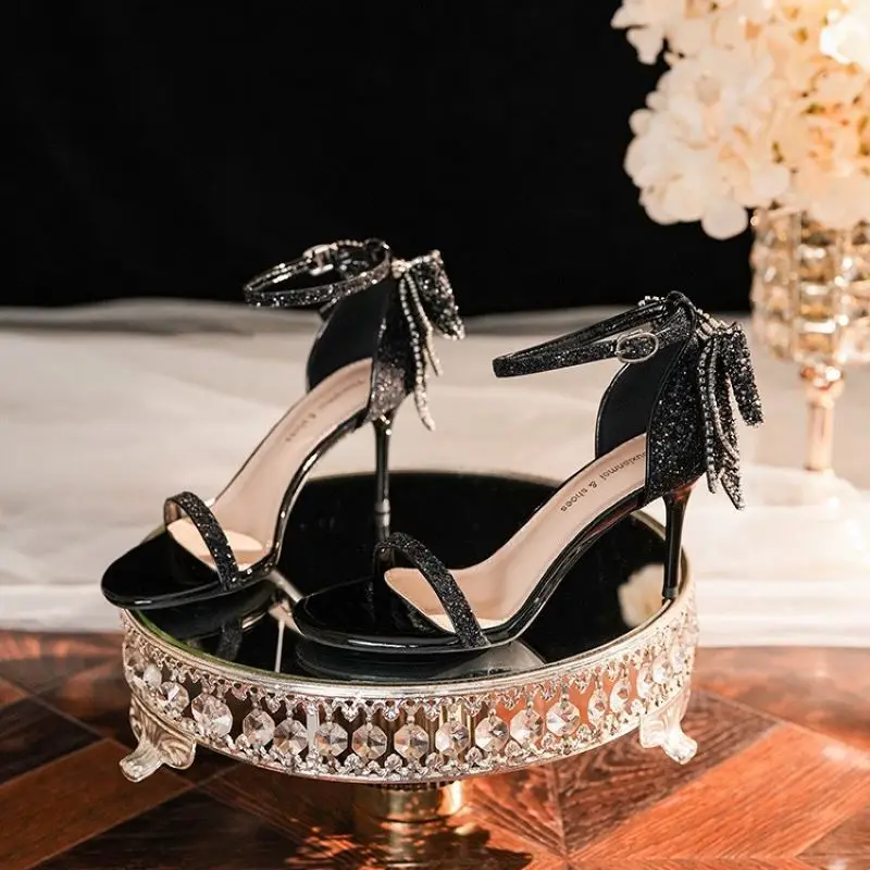 2024 Luxurious Rhinestone Bow Sequin High Heel Sandals Thin Heel Silver Champagne Banquet Wedding Shoes for Women Pumps