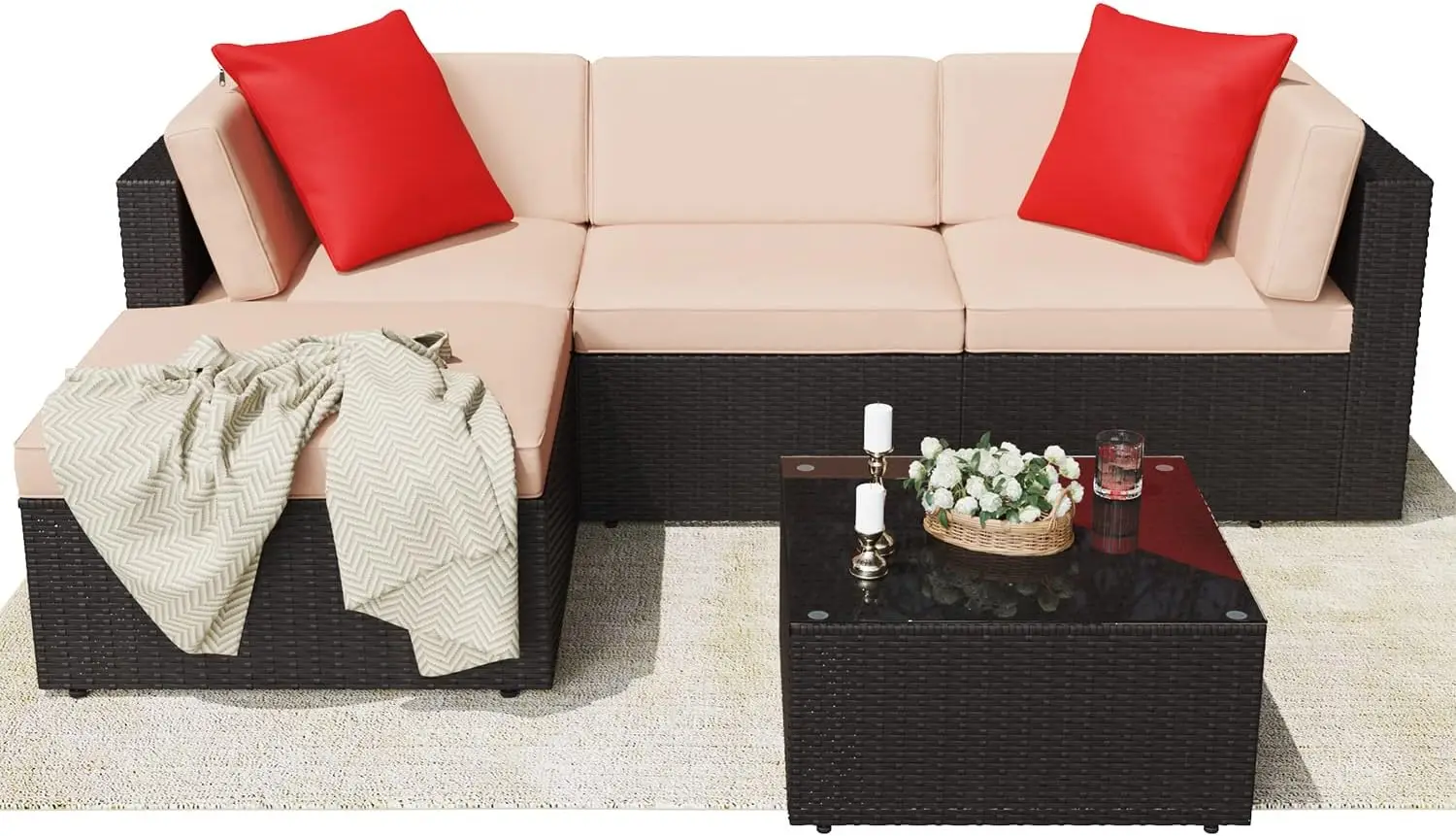 

Greesum Patio Furniture Sets 5 Piece Outdoor Wicker Rattan Sectional Sofa with Cushions, Pillows & Glass Table, Beige