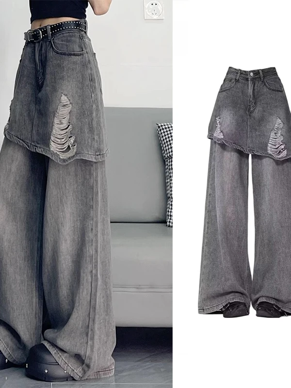 

Женские джинсы большого размера с эффектом потертости, прямые, с высокой талией, свободные, широкие, в пол, расклешенные, винтажные, из денима, с эффектом стирки