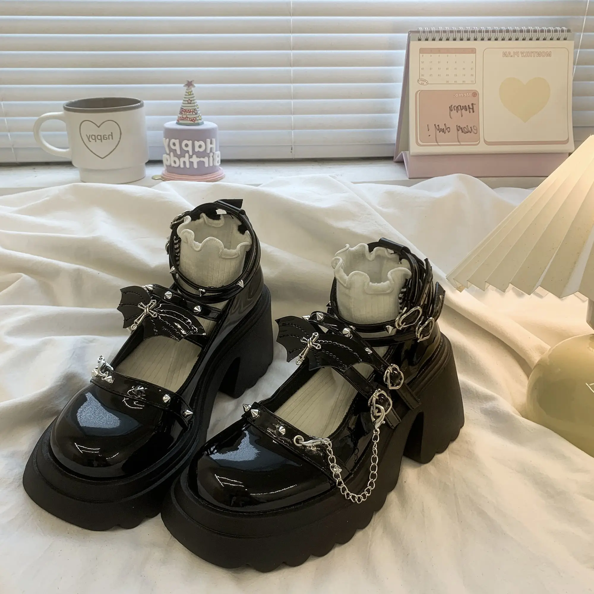 حار فتاة الظلام نمط الخفافيش تصميم Y2K ثقافة فرعية لوليتا الشرير مكتنزة عالية الكعب ماري جين أحذية من الجلد الصغيرة النساء #6