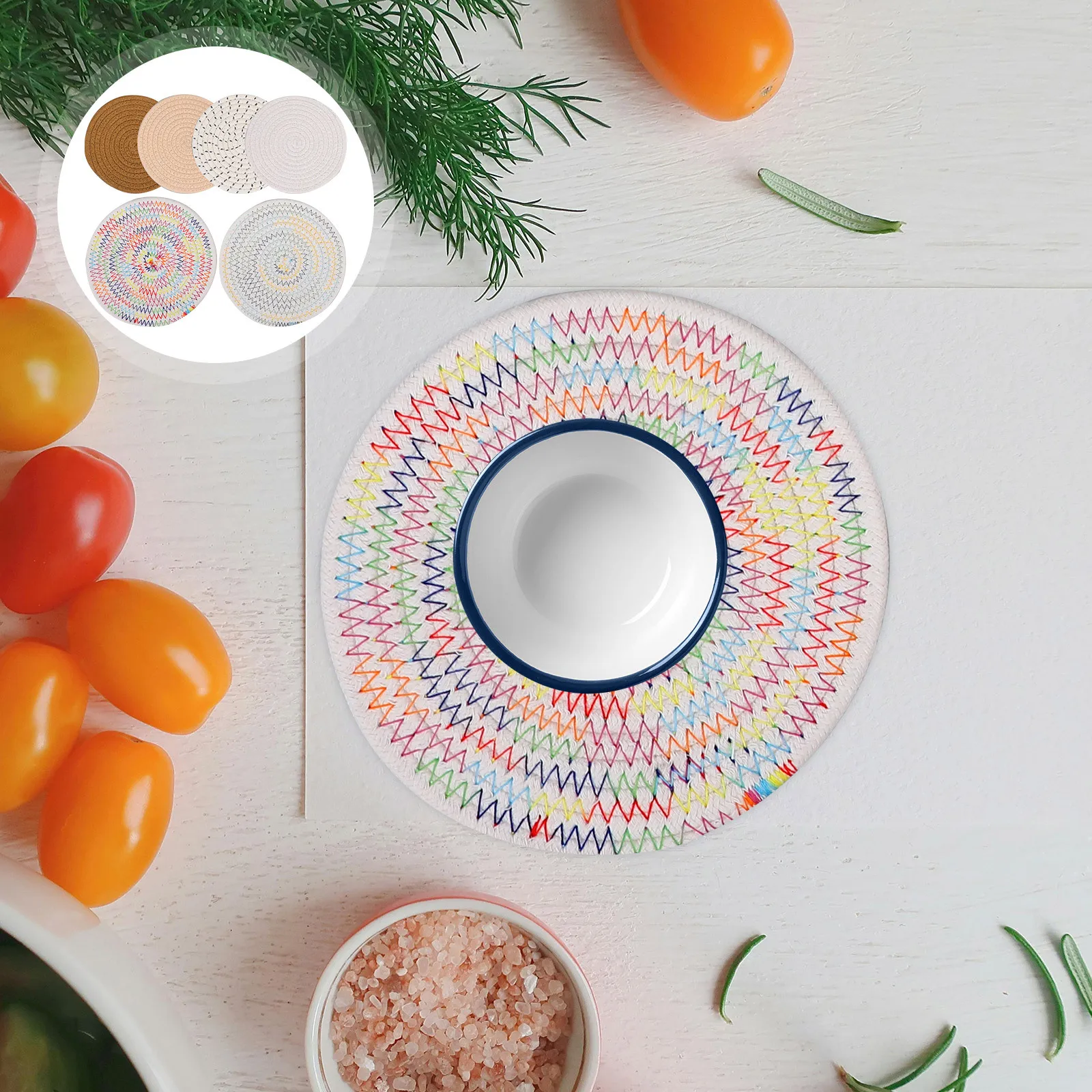 

6Pcs Woven Cotton Coaster Set Round Placemats for Drinks Absorbent Table Protection Pad for Hot and Cold Cups Home Accessories