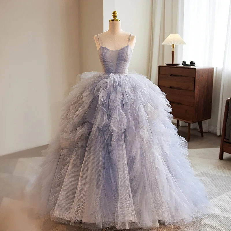 

Evening Dress Blue Tulle Spaghetti Strap Pleat Ruffles Princess Floor Length Plus size Lady Party Formal Ball Gown Customization