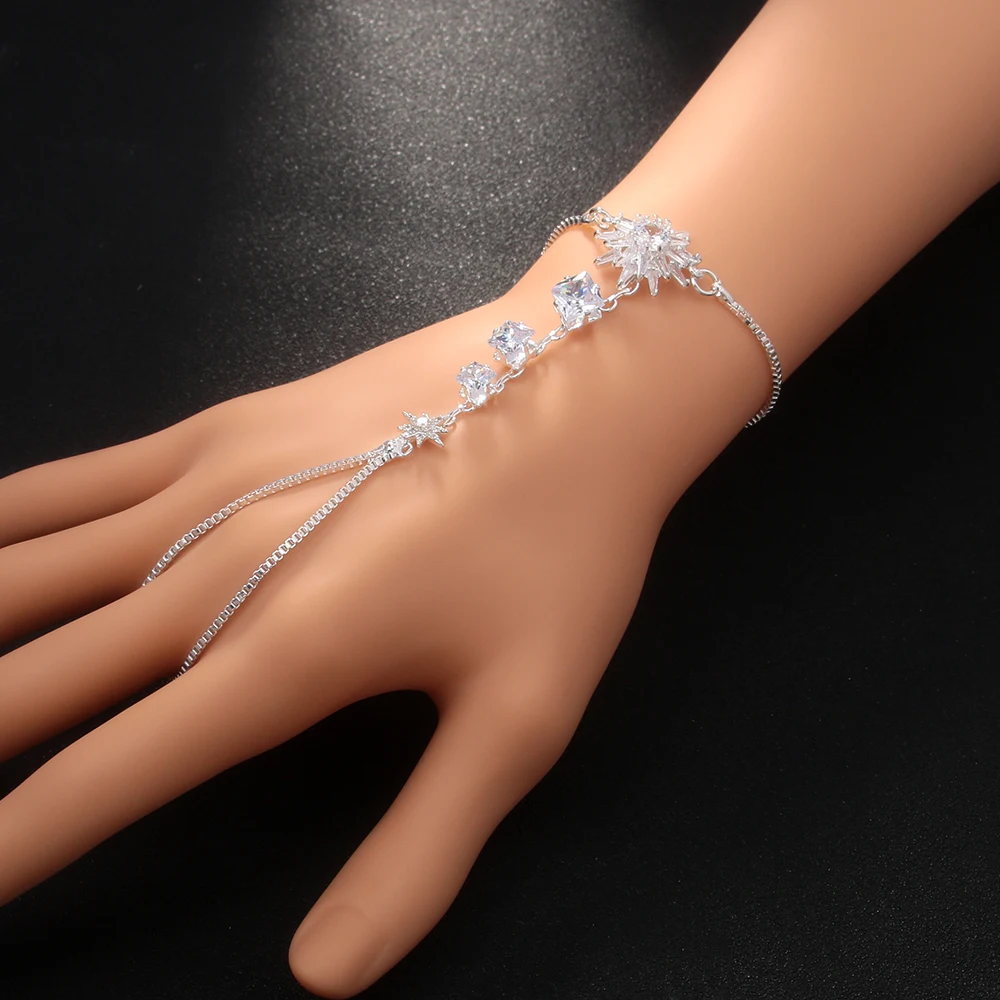 New Rhinestone Star Bracelet Women Charm Crystal Adjustable Finger Hand Chain Wedding Bridal Sparkly Hand Jewelry Accessories