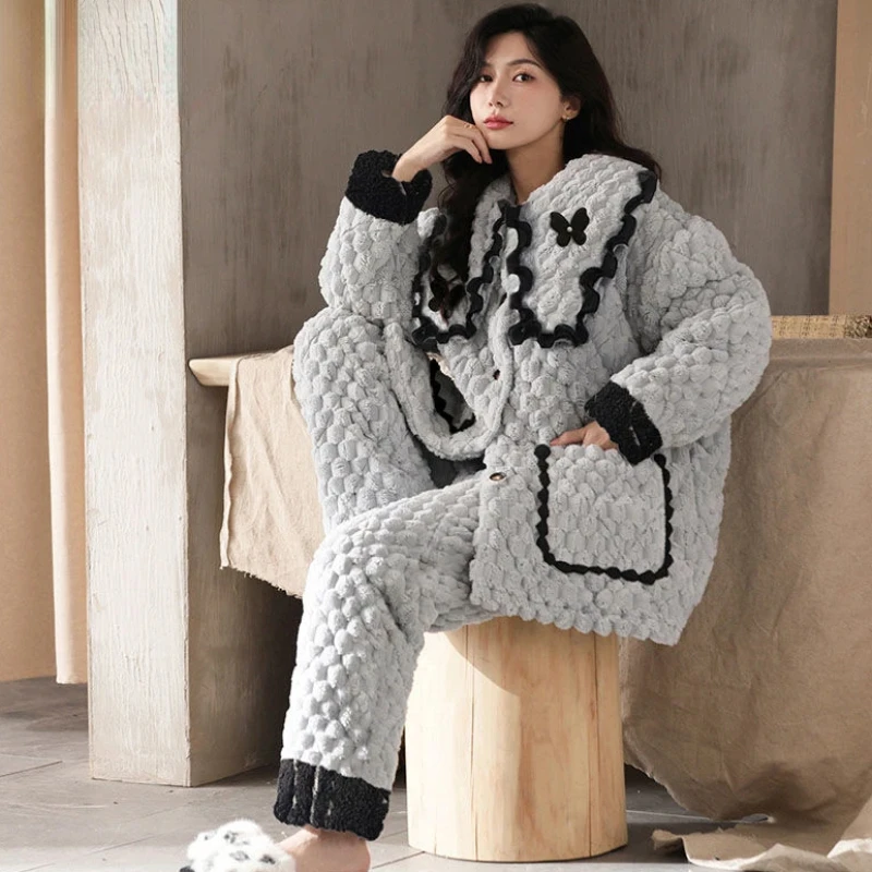 Female Triple Layered Cotton Winter Coral Velvet Pajamas Women Thickened Plush Homewear Large Size Flannel Warm Loungewear Set