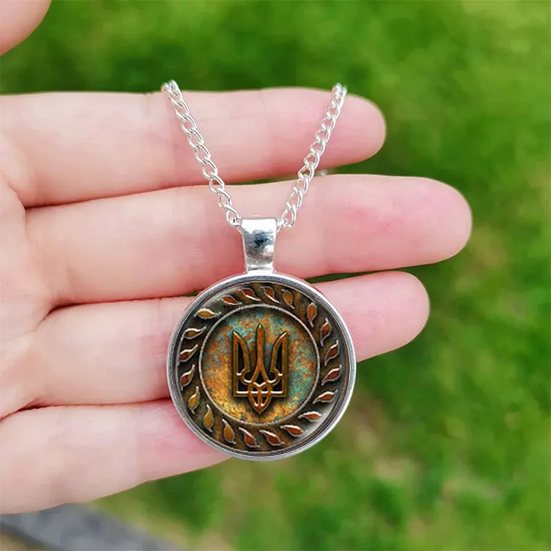 Tryzub Ukraine Necklace for Men Women Ukrainian Symbol Glass Dome Pendant Necklaces Jewelry