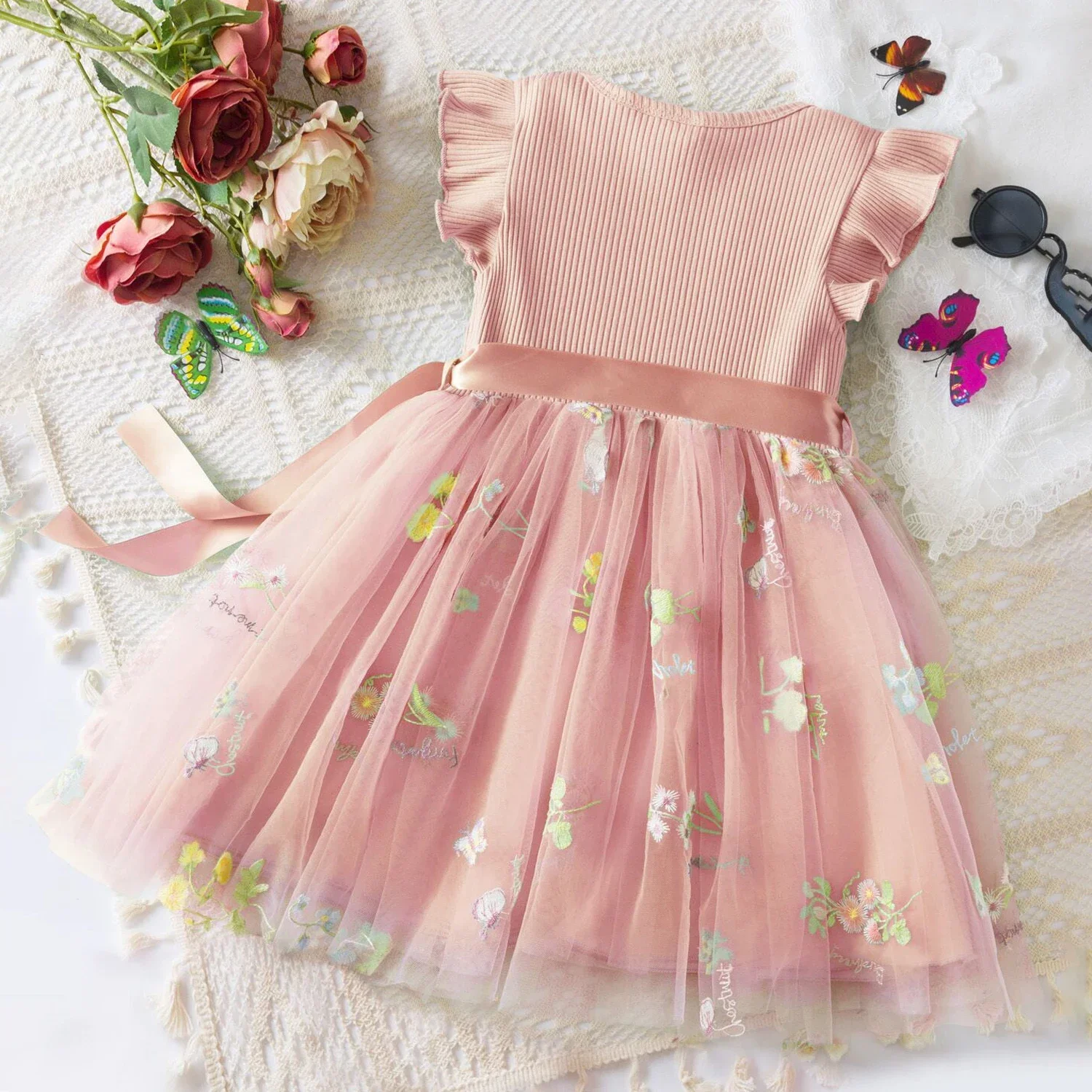 Baby Girls Birthday Princess Dress Flower Embroidered Flying Sleeves Mesh Dress Infant Summer Girls Party Beach Holiday Clothing