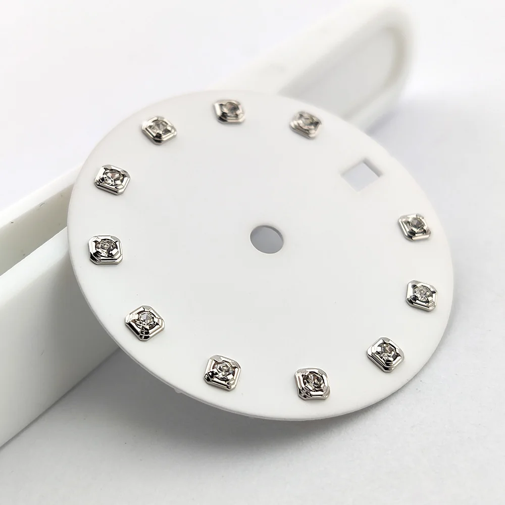 Men's 28.5mm Pure White Diamond Crystal Dial Watch Face Compatible with NH34 NH35 Movement Watch Replacement Part