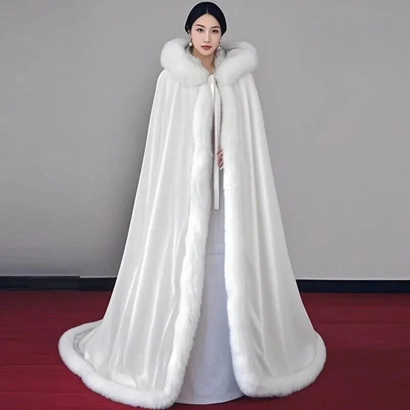 

Thickened Fleece Halloween Cape White With Hood Long Fur Shoulder Wrap High End Vintage Modern Dance Costume Polyester Fib