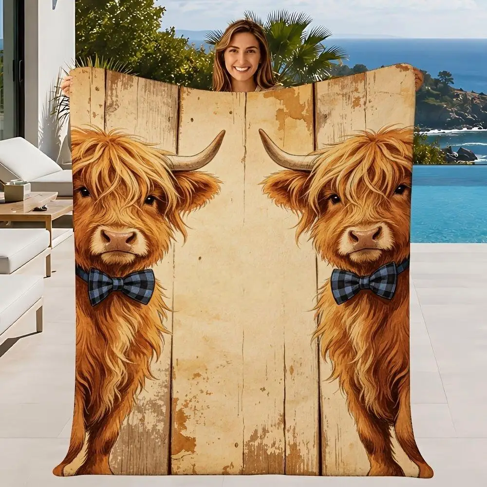 Soft Blanket with Cute Highland Cow Basket, Cozy for Sofa Bed