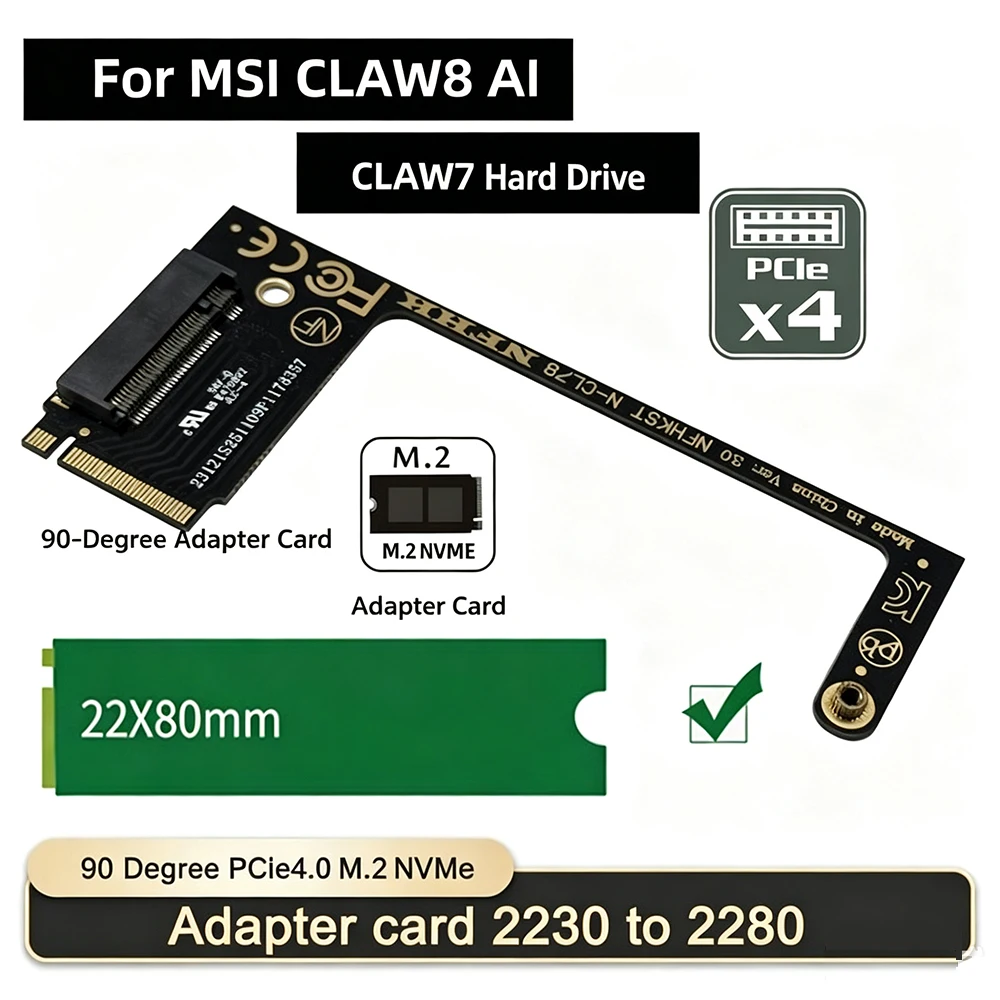 90° M.2 NVMe PCIe 4.0 X4 Adapter Card 2230 To 2280 SSD Riser Converter Board for MSI Claw7 Claw8 AI Handheld Console Storage Mod