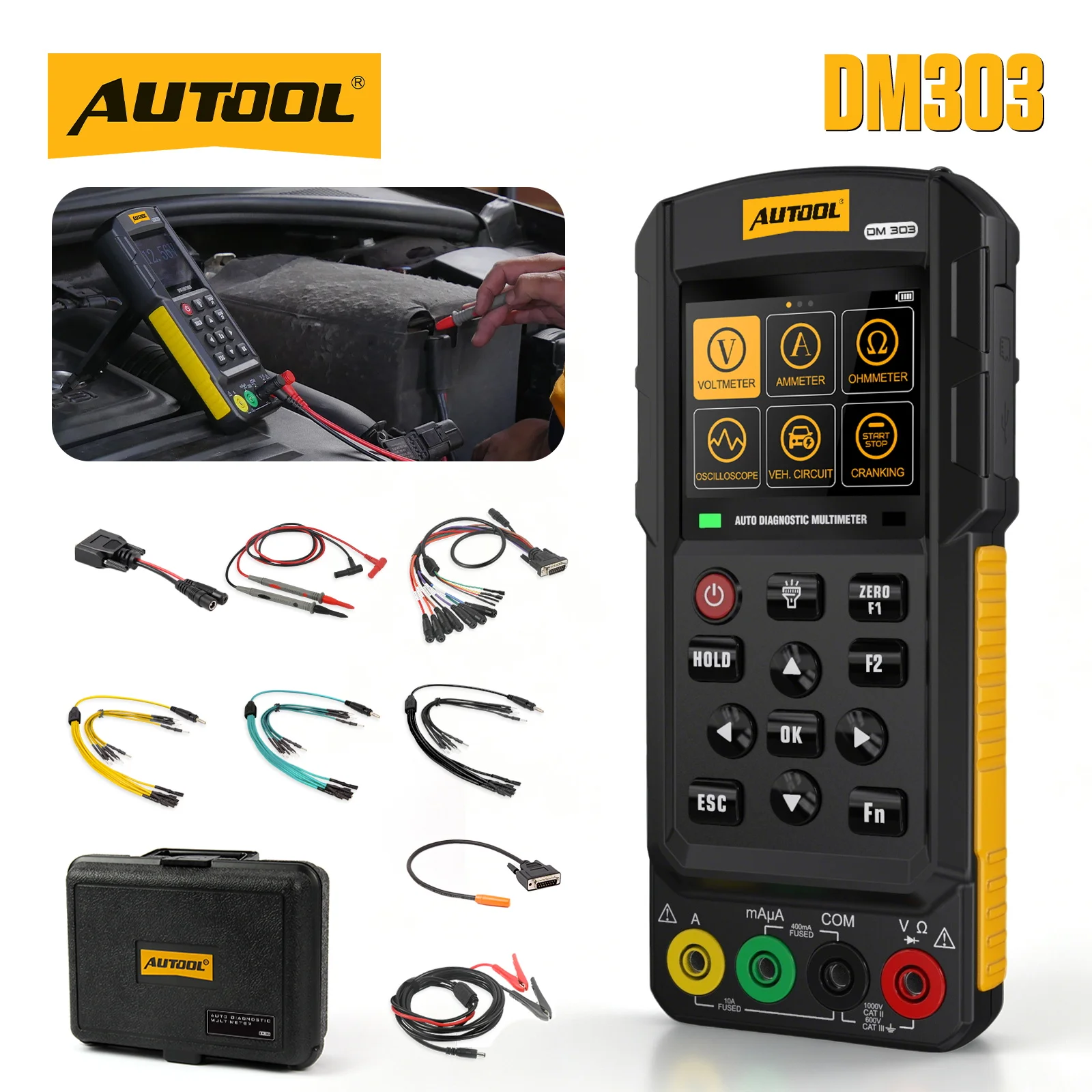 AUTOOL DM303 Automotive Diagnostic Multimeter Circuit Tester With Oscilloscope AC DC Voltage K/CAN Ohmmeter Injector Relay Test