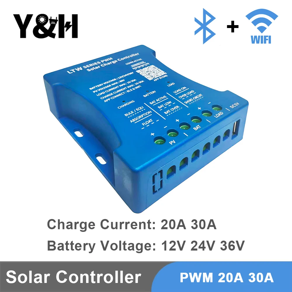 Y&H PWM 20A 30A Solar Charge Controller 12V/24V/36V PV Max 80V WIFI Bluetooth Communication for Lead Acid, LiFePO4 Batteries