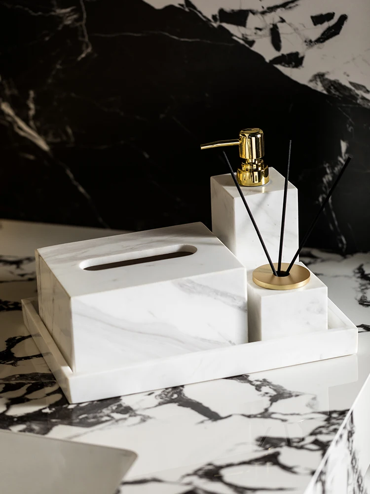 

Volakos White Natural Marble Bathroom Accessories Soap Dish Soap Dispenser Reed Diffuser Tray Bathroom Set