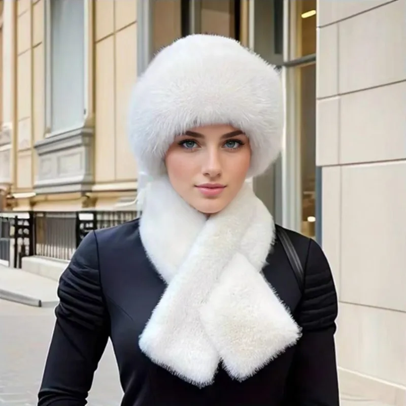 Rabbit Fur Hat and Gloves Set for Women Autumn Winter Solid Color Knitted Beanie Warm Ear Protection Ski Accessories