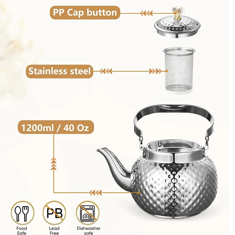 Stainless Steel Teapot With Infuser 1.2 L,Kettle Teapot With Removable Filter-For Filtering Tea Or Other Teas Easy To Use Silver