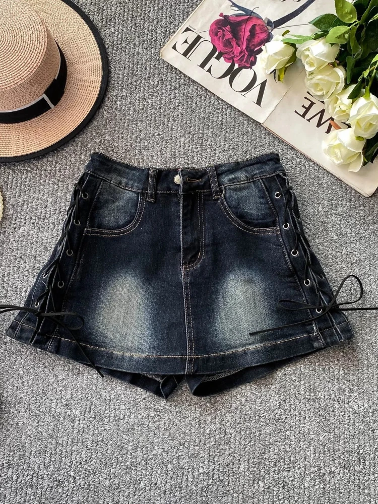 

Элегантные шикарные джинсовые брюки с высокой талией, широкими штанинами и шнуровкой, новый дизайн, защита от просвечивания, для женщин, летние, короткие.