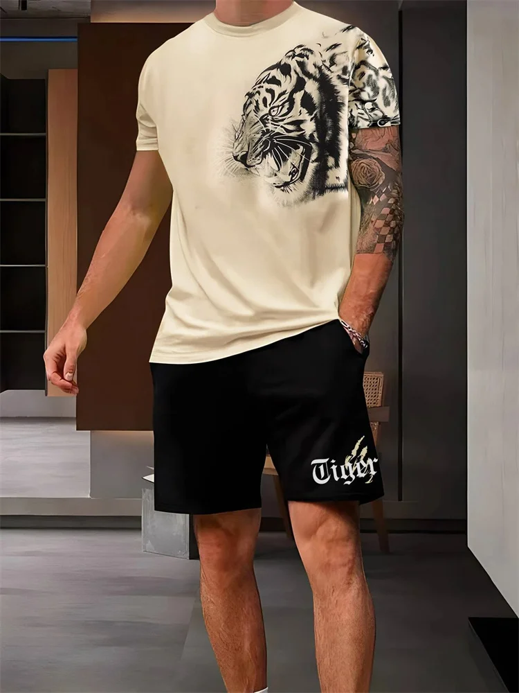 Nuevo conjunto de pantalón corto informal de verano para hombre, camiseta de dos piezas con estampado de León 3D, moda urbana para actividades al aire libre, conjunto de pantalones cortos con cordón elástico