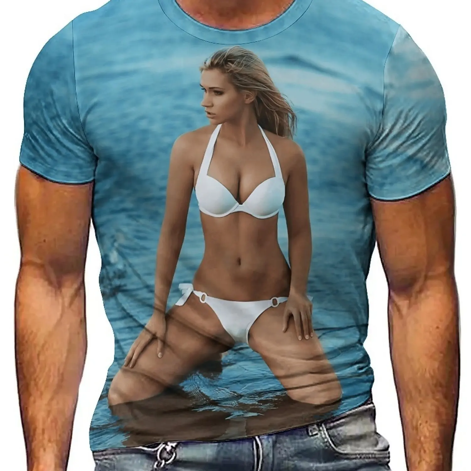 Camiseta masculina y2k streetwear com estampa de biquíni 3d sexy manga curta, camiseta gráfica retrô de poliéster respirável para festas traje casual
