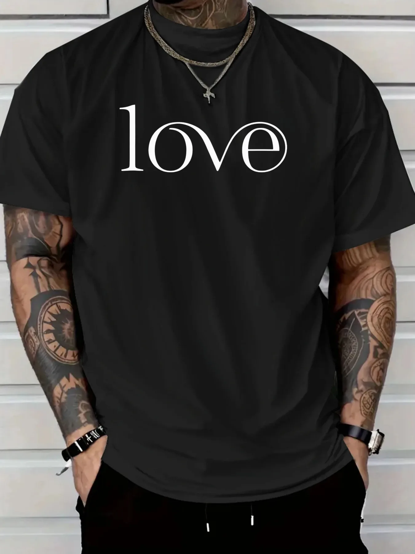 

Men's Casual T-Shirt Black with White Love Print Round Neck Short Sleeve Soft Cotton Tee All-Season Comfort Machine Washable