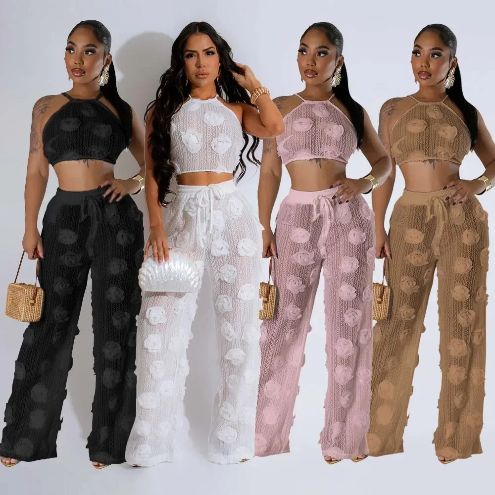 

Sexy Crop Mesh Tops Two Piece Pant Set Outfits Matching Sets 2025 Women Y2K Streetwear Elegant Flower 2 Piece Summer Set