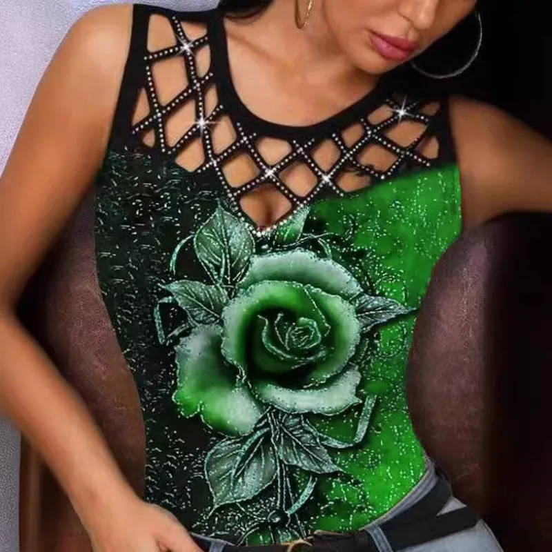 Letni damski t-shirt bezrękawnik z wcięciem wydrukowane bluzki modny okrągły dekolt bez rękawów różany kwiat wielokolorowy podkład damski — zdjęcie 5