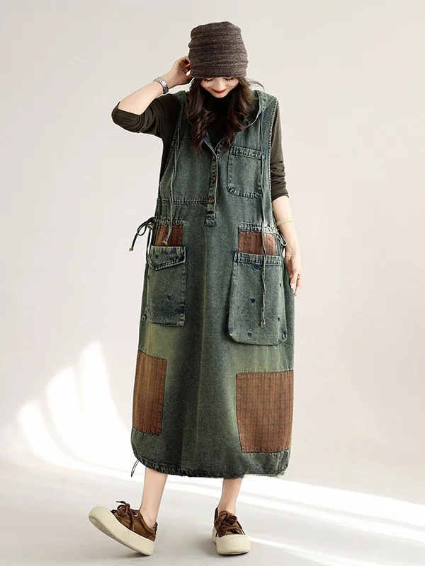 Casual Loose Oversize Hooded Vest Dress Women's Embroidered Heart Patchwork Denim Dress Ladies' Spring Autumn Season Style