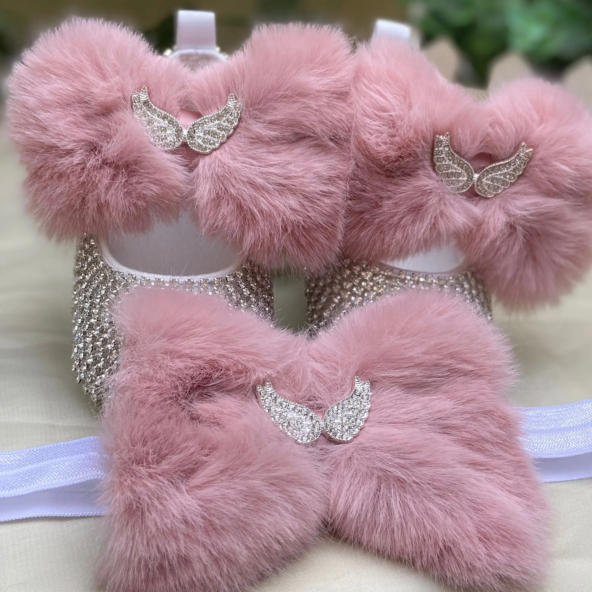 

6. Dollbling Delicate Apricot Butterfly Baby Shoes Headband Set Luxury Diamond Fluff Outfit Red Bottom Little Girl Baptism Shoes