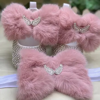 6. Dollbling Delicate Apricot Butterfly Baby Shoes Headband Set Luxury Diamond Fluff Outfit Red Bottom Little Girl Baptism Shoes