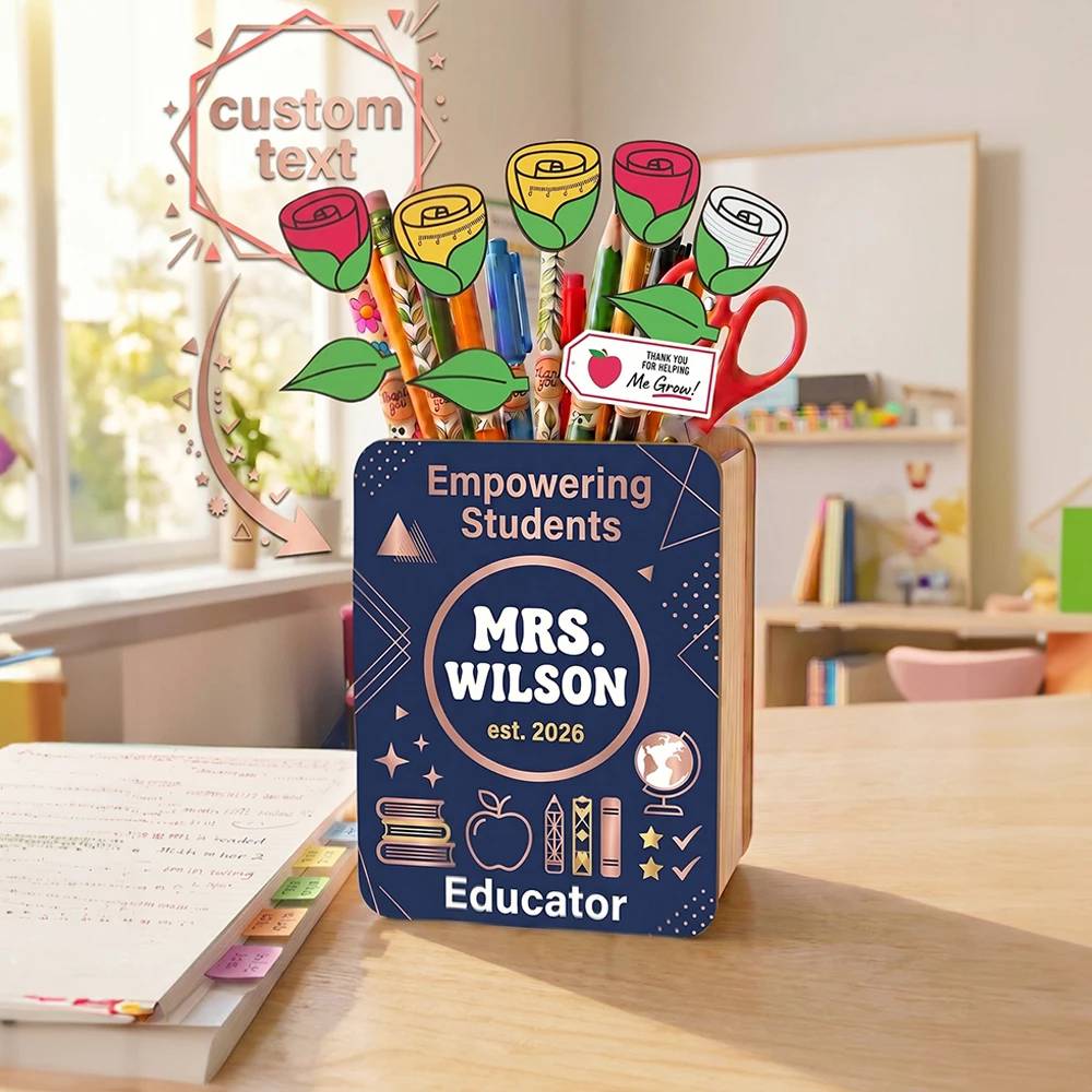Personalized Custom Text Pencil Holder,Wooden Desktop Supply Container,Teacher Desk Decor,Back To School,Office Desk Storage