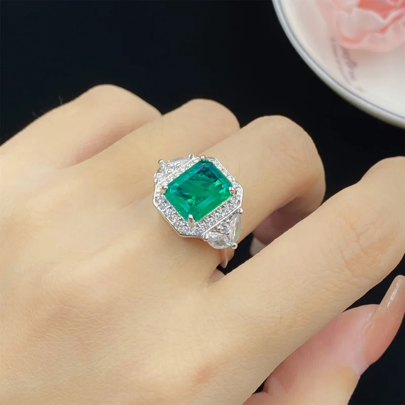 

Luxury Princess Cut Open Ring with Emerald Tourmaline Full Diamond, Women's Pendant, Earrings, and Bracelet Set