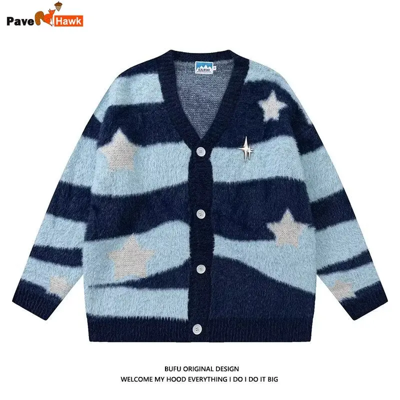 

Knitted Cardigan Sweater Men Women Autumn Patchwork Knitted Jumpers Harajuku Loose Hip Hop Streetwear Y2K Star Pattern Jackets