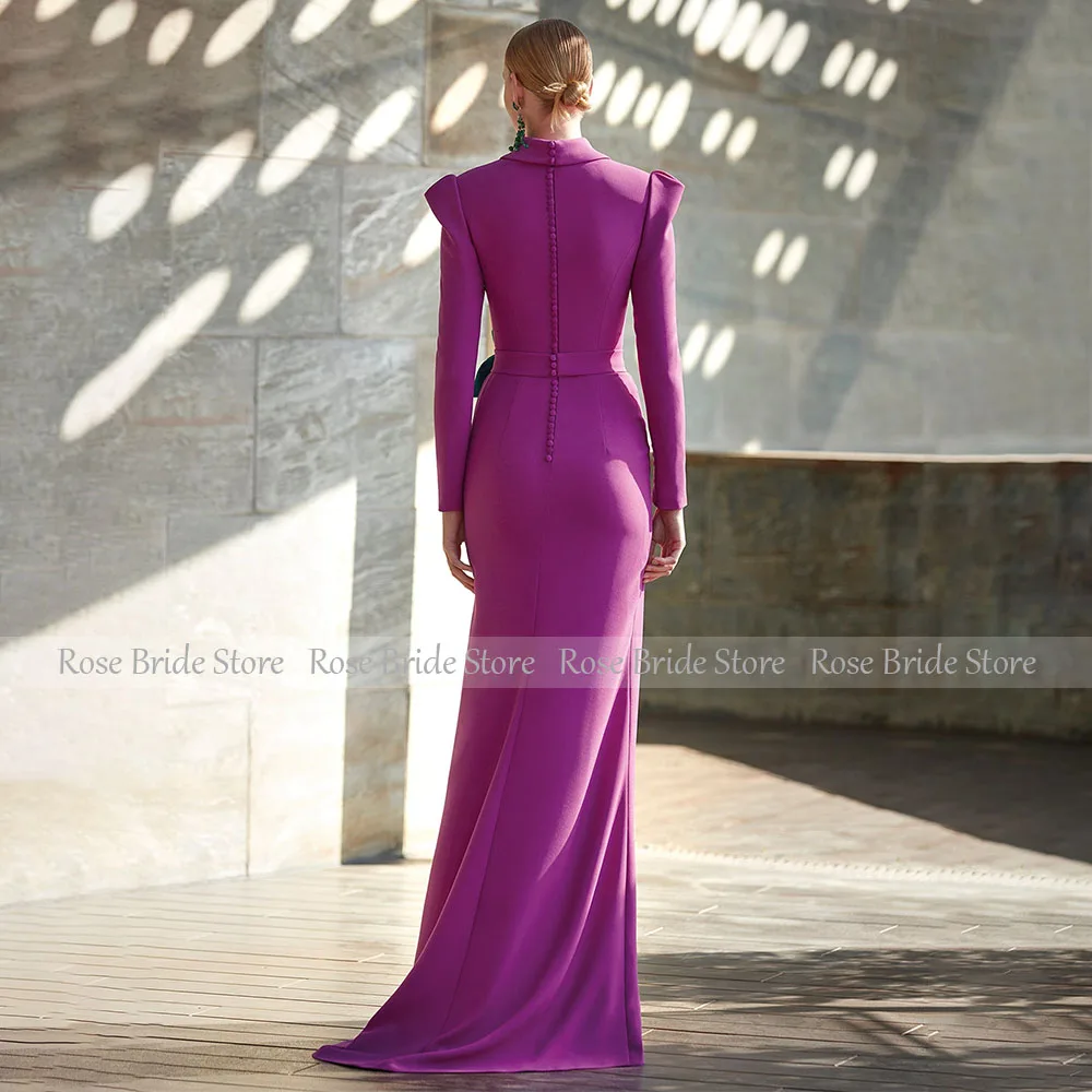 Fuchsia Formal Evening Dress Long Sleeves V Neck Belt Mermaid Evening Gowns for Women Flower Elegant Wedding Party Dresses 2024