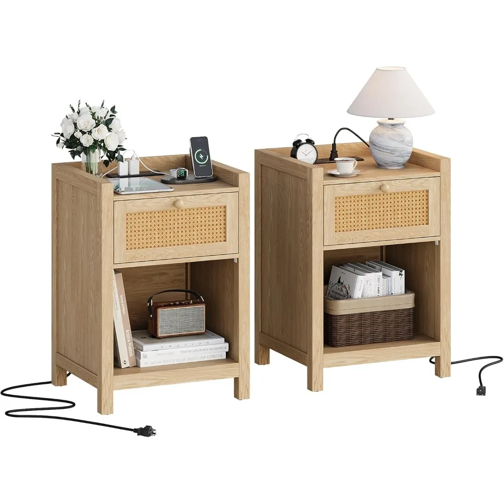 Rattan Nightstand Set of 2 with Charging Station, Boho Bed Side Table with Drawer & Open Shelf, Night Stand End Table ,Custom