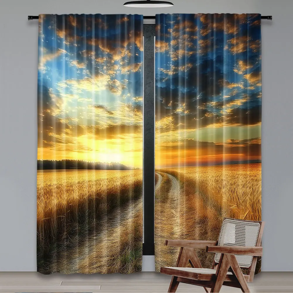 2Pcs Nature Curtain Road In The Field Ripe Yellow Wheat Under Cloudy Sunset Sky Landscape For Bedroom Living Room And Dining