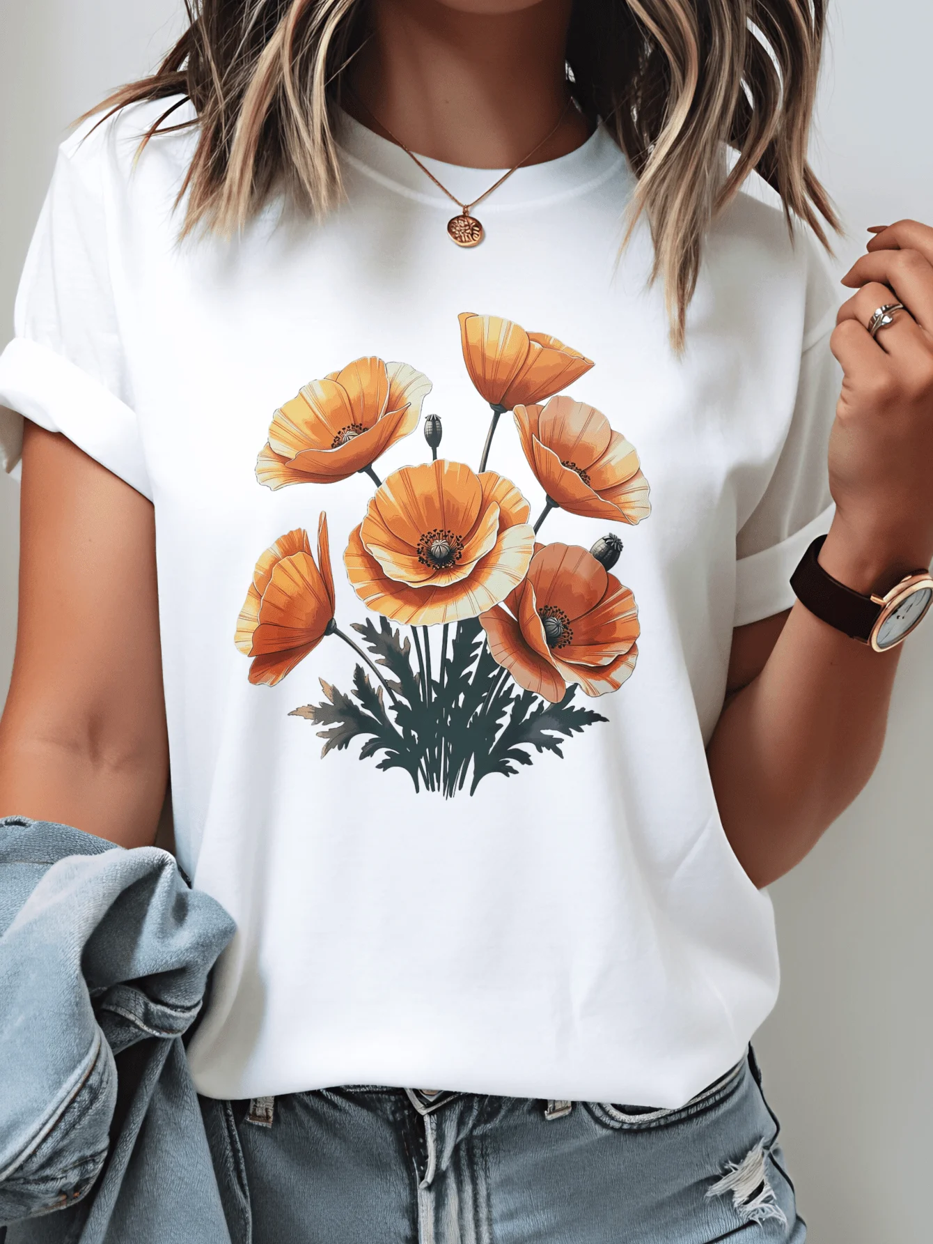 Camiseta informal blanca para mujer, camiseta con estampado floral naranja brillante, mangas cortas suaves y transpirables, lavable a máquina, perfecta para un estilo floral y uso diario, de alta calidad y versátil