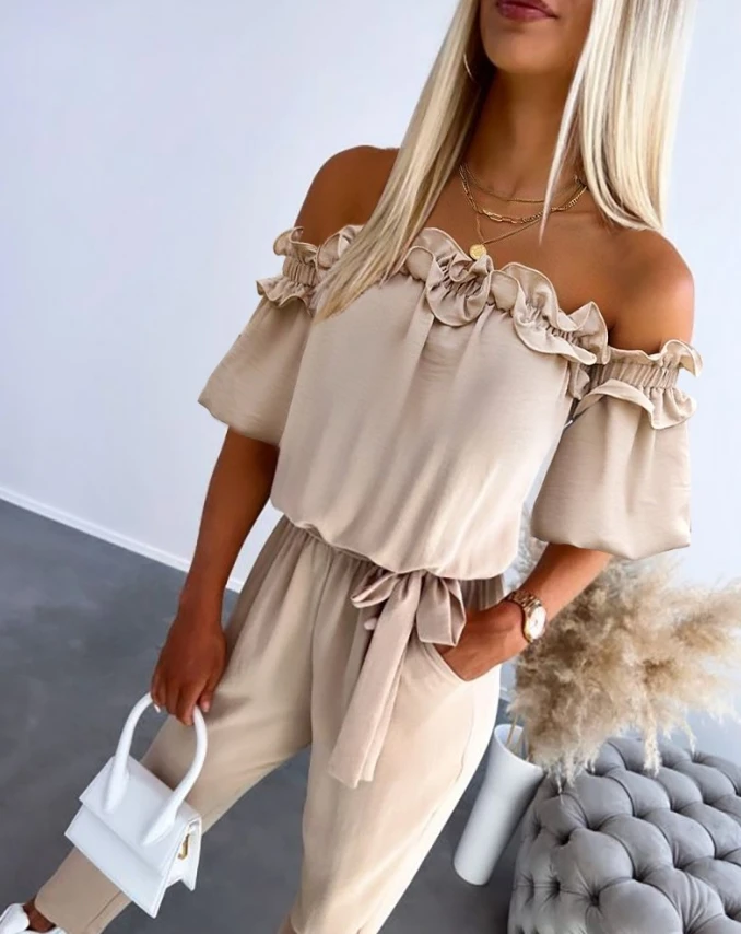 Elegant Women's Two Piece Summer Casual Sexy Elegant Solid One Shoulder Curled Neckline Lace Details Small Feet Jumpsuit