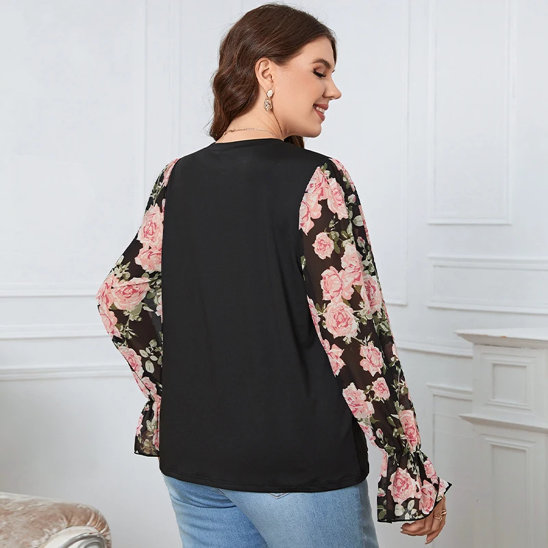 Della Mel Plus Size Women Clothing Blouses Sweet Casual Floral Puff Long Sleeve Chiffon Top Shirts Ladies Party Big Size Blouse