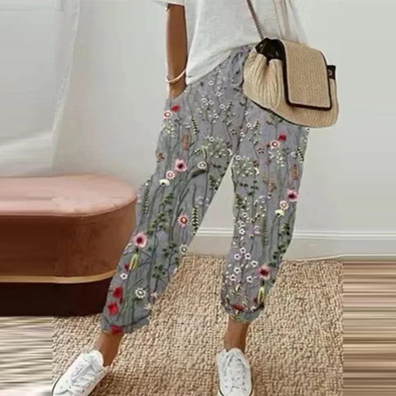 Ethnic Retro Print Women Mid-waist Ankle Length Pant Summer Cotton Linen Pocket Straight Trousers Lady Casual Drawstring Overall