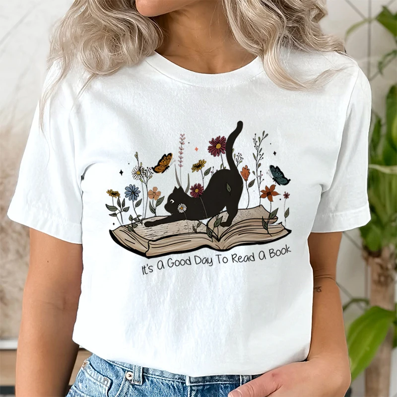 Women\'s T-shirts Black Cat and Floral Book Tshirt Short Sleeve Animal Lovers Tops It\'s A Good Day To Read A Book Graphics Tshirt