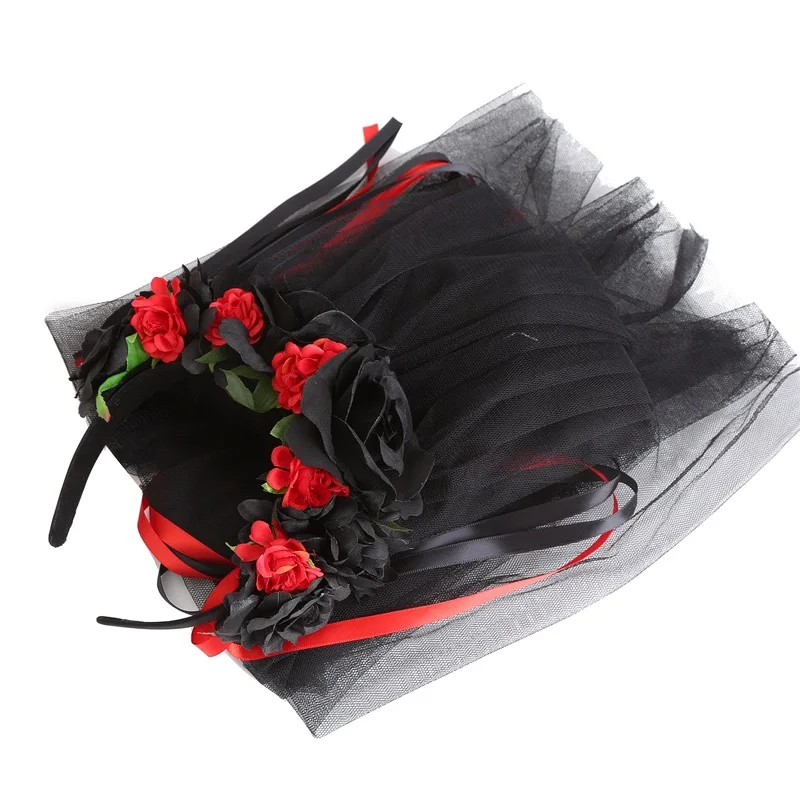 새로운 할로윈 파티 리본 헤어밴드 시뮬레이션 꽃 장미 블랙 롱 메쉬 리본 여성용