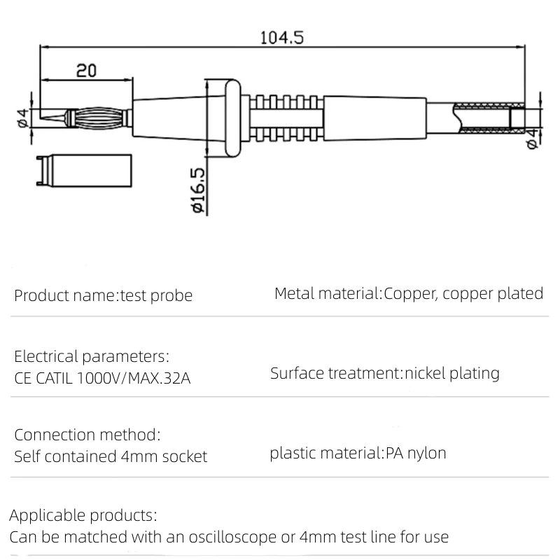 1 Red 1 Black Multimeter Probe Test of Pure Copper Rods 4mm Socket Type Probe and Banana Plug  YT165