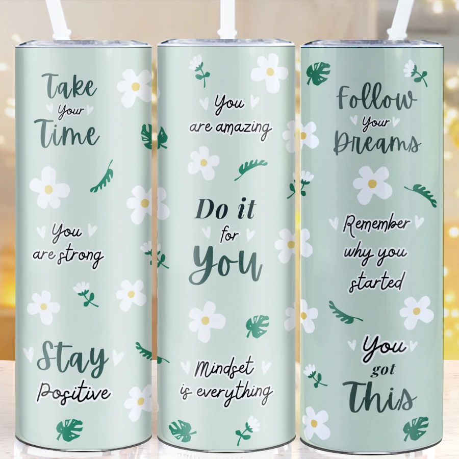 1Pc Skinny Straight Coffee Cups Straw Lid 20oz Stainless Print 3D Flowers & Stay Positive Tumblers Outdoor Sport Insulated Mugs