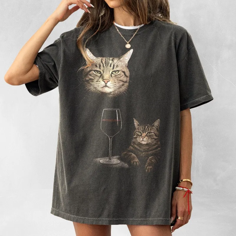 Funny Wine Cat Dank Meme Tee Shirt Gift for Woman and Man, Unhinged Clothes, Silly Cats T-shirt, Goofy ahh Tshirt