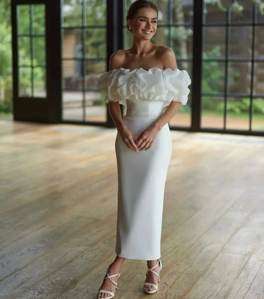 

Elegant Sheath Wedding Dress Off The Shoulder Ruffles Satin Ankle Length Bridal Gowns Bride Dresses Vestidos De Noiva