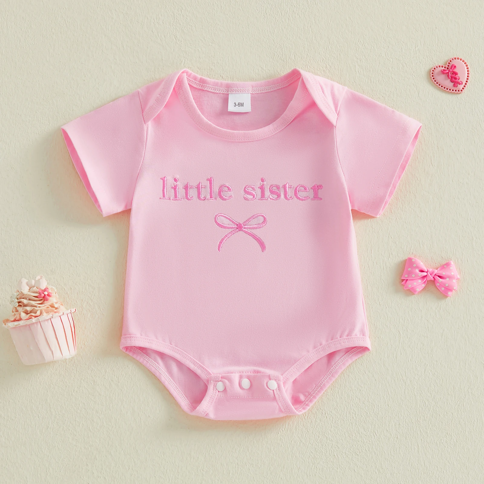 Baby Girl Summer Crew Neck Romper Pink Short Sleeve Bow Letter Embroidery Bodysuits Sweet Baby Jumpsuit