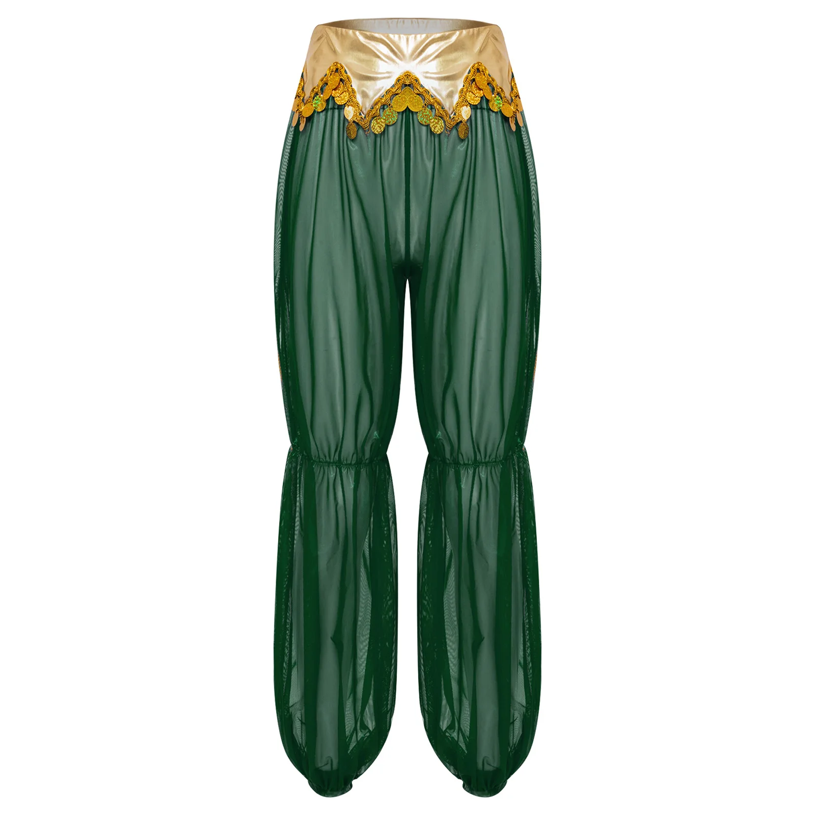

Women Arab Princess Ethnic Long Pants Metallic Shiny Slit Leg Sheer Mesh Trousers Ancient Arabic Halloween Festival Costume