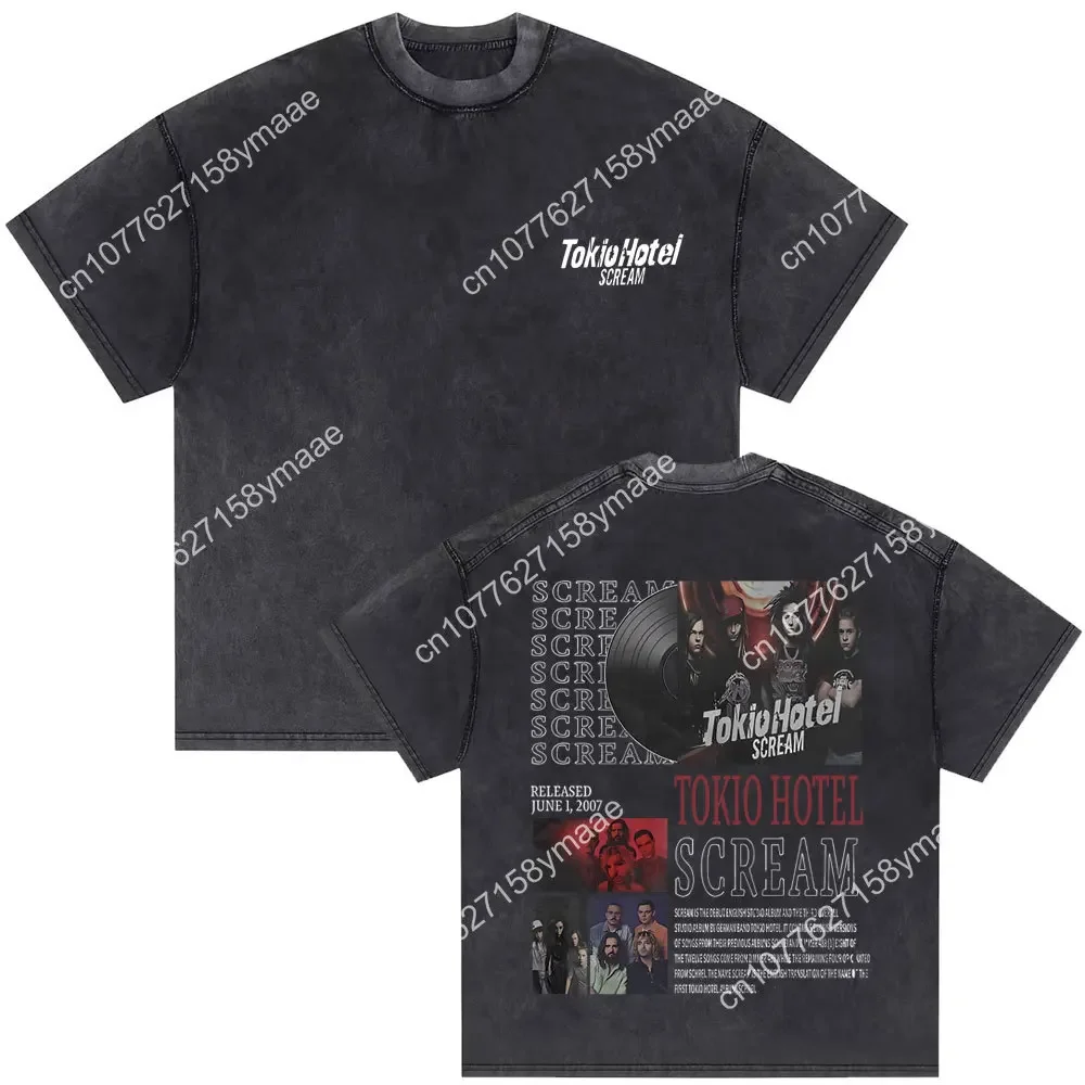 Washed Vintage German Rock Band Tokio Hotel Scream Album Double Sided Print T Shirts Men Women Punk Gothic Oversized Short Sleev