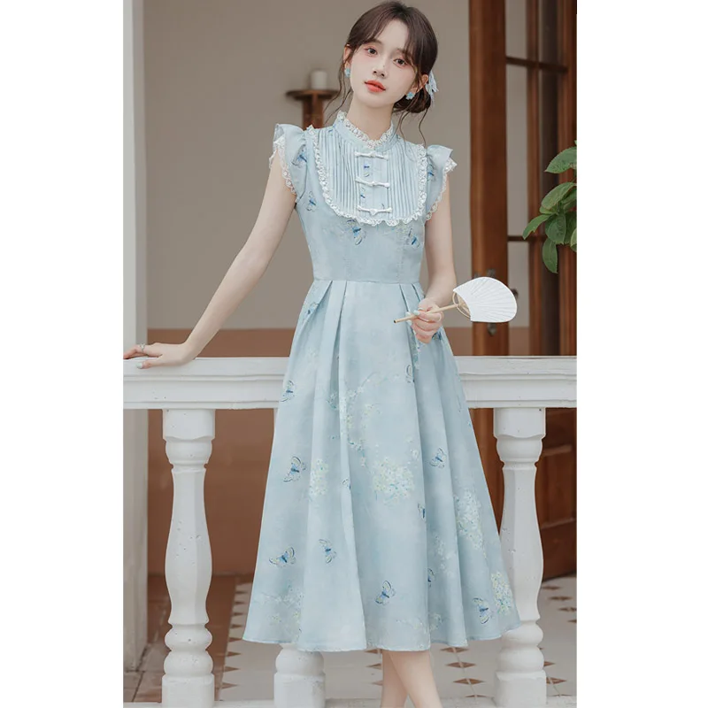 새로운 중국 스타일 레트로 민족풍 여성 여름 신상품 허리 조임 슬림 프린트 롱 드레스