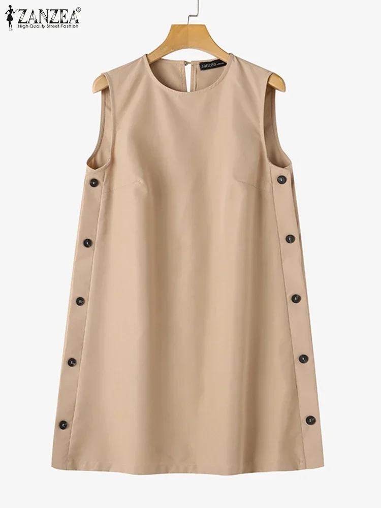 Zanzea feminino verão sem mangas tanque mini vestido 2025 botões casuais vestido de verão sólido em torno do pescoço curto robe férias a linha vestidos